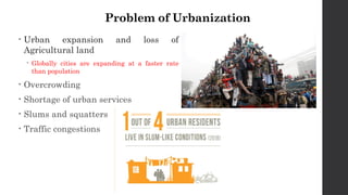 Problem of Urbanization
• Urban expansion and loss of
Agricultural land
 Globally cities are expanding at a faster rate
than population
• Overcrowding
• Shortage of urban services
• Slums and squatters
• Traffic congestions
 