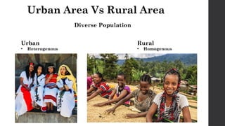 Urban Area Vs Rural Area
Diverse Population
Urban
• Heterogenous
Rural
• Homogenous
 