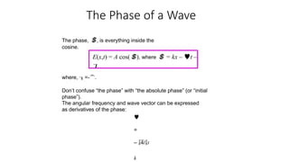 The Phase of a Wave
The phase, , is everything inside the
cosine.
E(x,t) = A cos(), where  = kx – t –

where, =-.
Don’t confuse “the phase” with “the absolute phase” (or “initial
phase”).
The angular frequency and wave vector can be expressed
as derivatives of the phase:

=
– /t
k
 