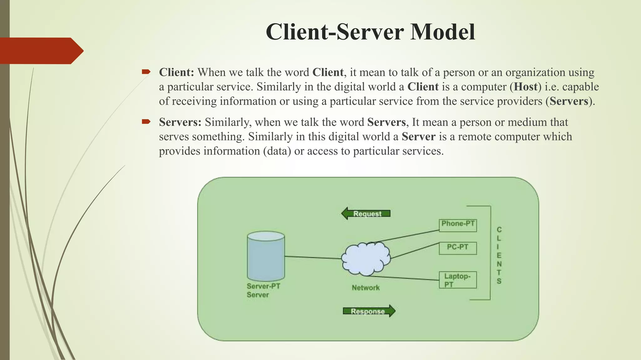 Client-Server Model
 Client: When we talk the word Client, it mean to talk of a person or an organization using
a particular service. Similarly in the digital world a Client is a computer (Host) i.e. capable
of receiving information or using a particular service from the service providers (Servers).
 Servers: Similarly, when we talk the word Servers, It mean a person or medium that
serves something. Similarly in this digital world a Server is a remote computer which
provides information (data) or access to particular services.
 