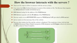 How the browser interacts with the servers ?
 There are few steps to follow to interacts with the servers a client.
 User enters the URL(Uniform Resource Locator) of the website or file. The Browser then requests
the DNS(DOMAIN NAME SYSTEM) Server.
 DNS Server lookup for the address of the WEB Server.
 DNS Server responds with the IP address of the WEB Server.
 Browser sends over an HTTP/HTTPS request to WEB Server’s IP (provided by DNS server).
 Server sends over the necessary files of the website.
 Browser then renders the files and the website is displayed. This rendering is done with the help
of DOM (Document Object Model) interpreter, CSS interpreter and JS Engine collectively known as
the JIT or (Just in Time) Compilers.
 