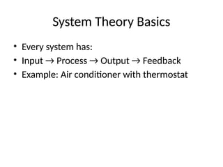 System Theory Basics
• Every system has:
• Input → Process → Output → Feedback
• Example: Air conditioner with thermostat
 