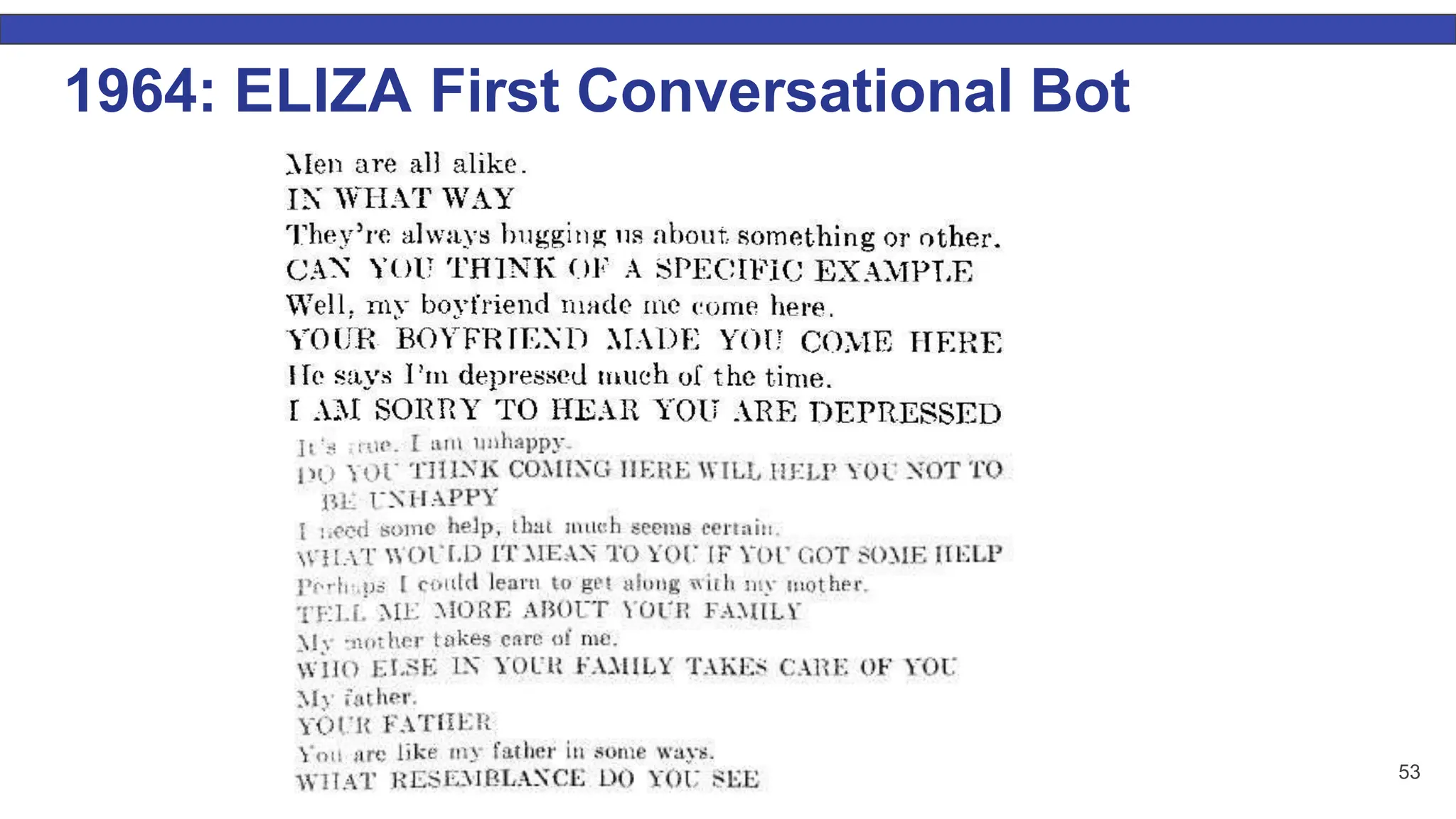 1964: ELIZA First Conversational Bot 53 
