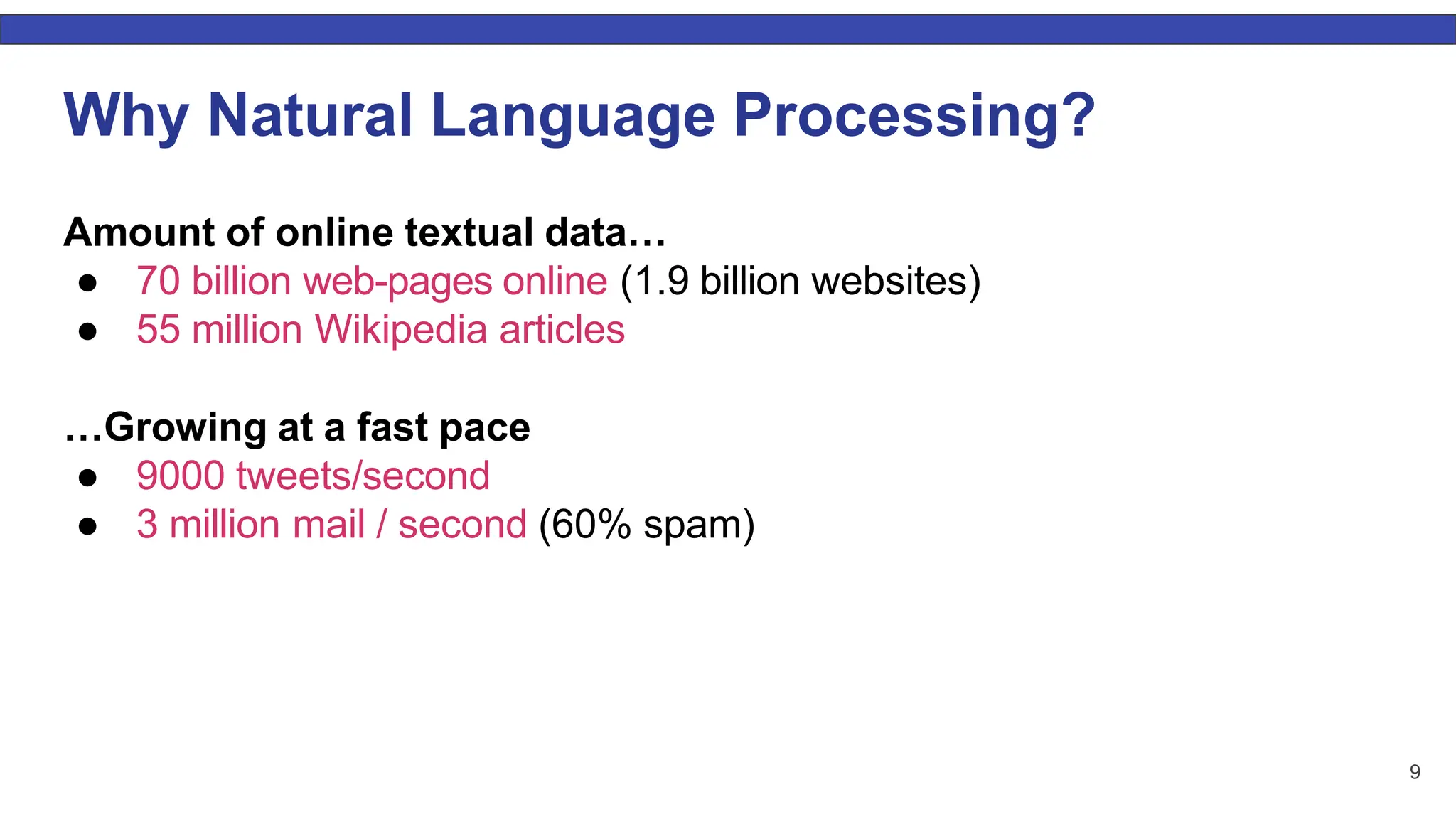 Why Natural Language Processing? Amount of online textual data… ● 70 billion web-pages online (1.9 billion websites) ● 55 million Wikipedia articles …Growing at a fast pace ● 9000 tweets/second ● 3 million mail / second (60% spam) 9 