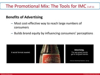 ©McGraw-Hill Education.
The Promotional Mix: The Tools for IMC 3 of 11
Benefits of Advertising
– Most cost-effective way to reach large numbers of
consumers
– Builds brand equity by influencing consumers’ perceptions
© American Advertising Federation
 