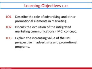 ©McGraw-Hill Education.
Learning Objectives 1 of 2
LO1 Describe the role of advertising and other
promotional elements in marketing.
LO2 Discuss the evolution of the integrated
marketing communications (IMC) concept.
LO3 Explain the increasing value of the IMC
perspective in advertising and promotional
programs.
 