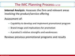 ©McGraw-Hill Education.
The IMC Planning Process4 of 10
Internal Analysis: Assesses the firm and relevant areas
involving the product/service offering
Assessment of:
– Capability to develop and implement promotional program
– Brand image and implications for promotion
– A product’s relative strengths and weaknesses
Reviews previous promotional programs and results
 