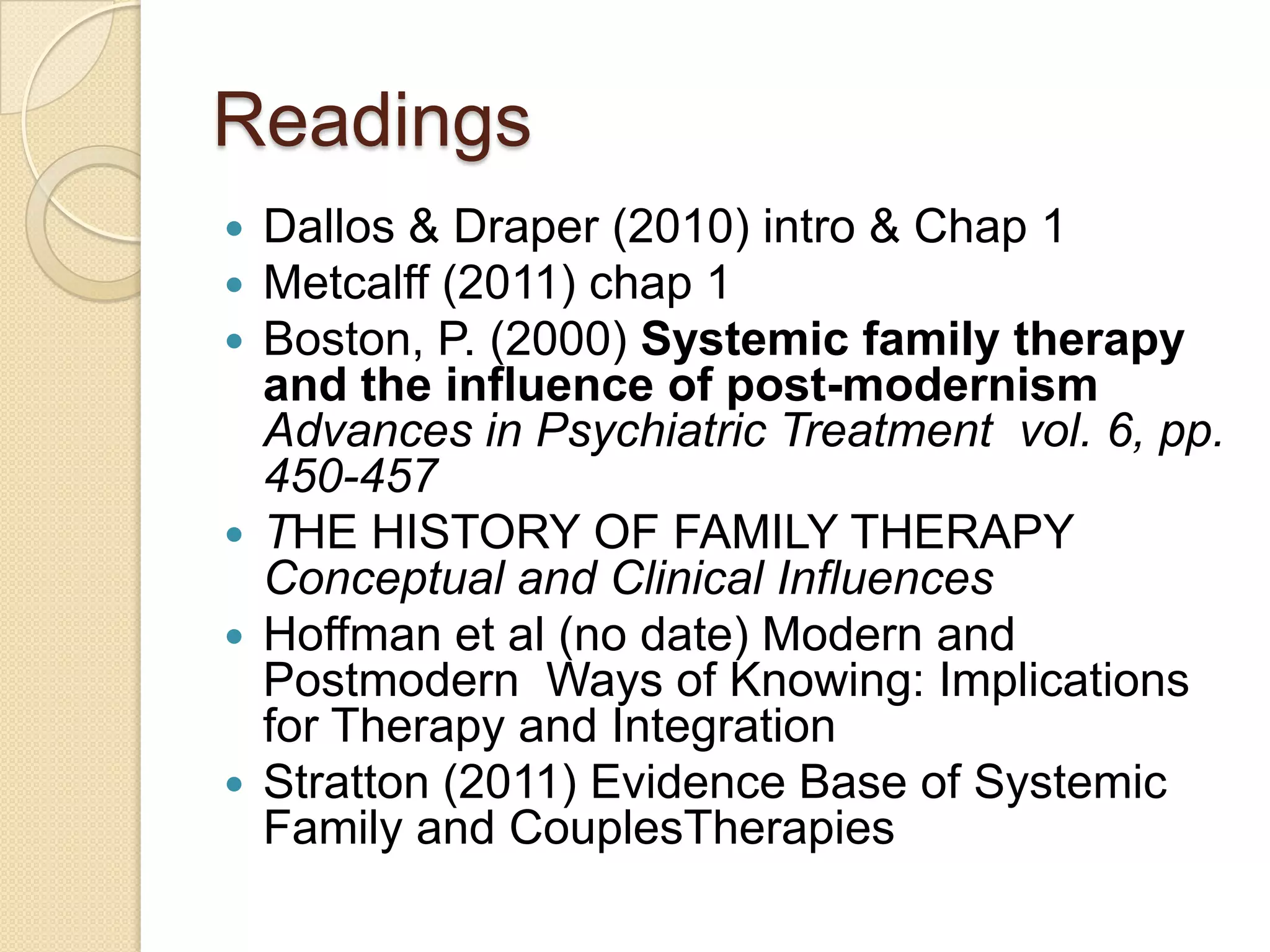 Readings
 Dallos & Draper (2010) intro & Chap 1
 Metcalff (2011) chap 1
 Boston, P. (2000) Systemic family therapy
and the influence of post-modernism
Advances in Psychiatric Treatment vol. 6, pp.
450-457
 THE HISTORY OF FAMILY THERAPY
Conceptual and Clinical Influences
 Hoffman et al (no date) Modern and
Postmodern Ways of Knowing: Implications
for Therapy and Integration
 Stratton (2011) Evidence Base of Systemic
Family and CouplesTherapies
 