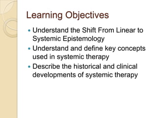 Learning Objectives
 Understand the Shift From Linear to
Systemic Epistemology
 Understand and define key concepts
used in systemic therapy
 Describe the historical and clinical
developments of systemic therapy
 