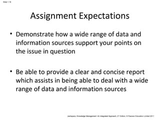 Jashapara, Knowledge Management: An Integrated Approach, 2nd Edition, © Pearson Education Limited 2011 
Slide 1.19 
Assignment Expectations 
• Demonstrate how a wide range of data and 
information sources support your points on 
the issue in question 
• Be able to provide a clear and concise report 
which assists in being able to deal with a wide 
range of data and information sources 
 