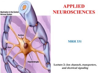 APPLIED
NEUROSCIENCES
Lecture 2: Ion channels, transporters,
and electrical signaling
MRH 331
 