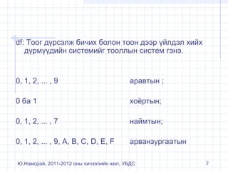 df: Тоог дүрсэлж бичих болон тоон дээр үйлдэл хийх
дүрмүүдийн системийг тооллын систем гэнэ.

0, 1, 2, ... , 9

аравтын ;

0 ба 1

хоёртын;

0, 1, 2, ... , 7

наймтын;

0, 1, 2, ... , 9, А, В, С, D, Е, F

арванзургаатын

Ю.Намсрай, 2011-2012 оны хичээлийн жил, УБДС

2

 