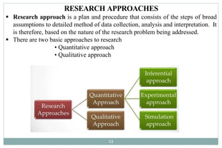 RESEARCH APPROACHES
 Research approach is a plan and procedure that consists of the steps of broad
assumptions to detailed method of data collection, analysis and interpretation. It
is therefore, based on the nature of the research problem being addressed.
 There are two basic approaches to research
• Quantitative approach
• Qualitative approach
13
 
