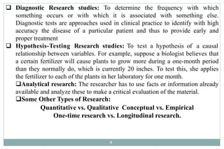  Diagnostic Research studies: To determine the frequency with which
something occurs or with which it is associated with something else.
Diagnostic tests are approaches used in clinical practice to identify with high
accuracy the disease of a particular patient and thus to provide early and
proper treatment
9
 Hypothesis-Testing Research studies: To test a hypothesis of a causal
relationship between variables. For example, suppose a biologist believes that
a certain fertilizer will cause plants to grow more during a one-month period
than they normally do, which is currently 20 inches. To test this, she applies
the fertilizer to each of the plants in her laboratory for one month.
Analytical research: The researcher has to use facts or information already
available and analyze these to make a critical evaluation of the material.
Some Other Types of Research:
Quantitative vs. Qualitative Conceptual vs. Empirical
One-time research vs. Longitudinal research.
 