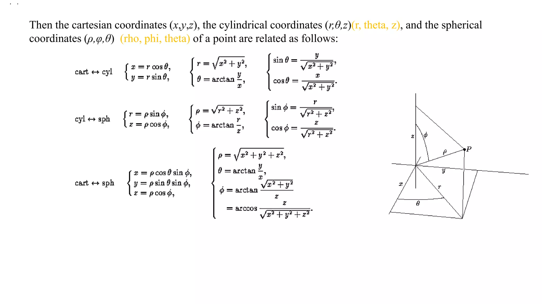 Then the cartesian coordinates (x,y,z), the cylindrical coordinates (r,θ,z)(r, theta, z), and the spherical
coordinates (ρ,φ,θ) (rho, phi, theta) of a point are related as follows:
, ,
 