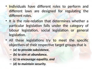 • Individuals have different roles to perform and
different laws are designed for regulating the
different roles.
• It is the role-relation that determines whether a
particular legislation falls under the category of
labour legislation, social legislation or general
legislation.
• All these legislations try to meet the specific
objectives of their respective target groups that is
– (a) to provide subsistence,
– (b) to aim at abundance,
– (c) to encourage equality, and
– (d) to maintain security.
 