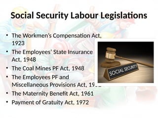 Social Security Labour Legislations
• The Workmen’s Compensation Act,
1923
• The Employees’ State Insurance
Act, 1948
• The Coal Mines PF Act, 1948
• The Employees PF and
Miscellaneous Provisions Act, 1952
• The Maternity Benefit Act, 1961
• Payment of Gratuity Act, 1972
 