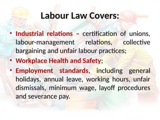 Labour Law Covers:
• Industrial relations – certification of unions,
labour-management relations, collective
bargaining and unfair labour practices;
• Workplace Health and Safety;
• Employment standards, including general
holidays, annual leave, working hours, unfair
dismissals, minimum wage, layoff procedures
and severance pay.
 