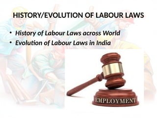 HISTORY/EVOLUTION OF LABOUR LAWS
• History of Labour Laws across World
• Evolution of Labour Laws in India
 