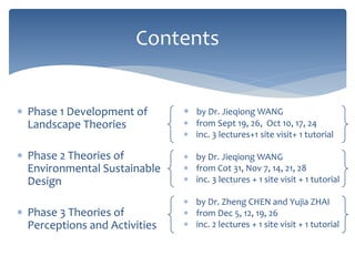  Phase 1 Development of
Landscape Theories
 Phase 2 Theories of
Environmental Sustainable
Design
 Phase 3 Theories of
Perceptions and Activities
Contents
 by Dr. Jieqiong WANG
 from Sept 19, 26, Oct 10, 17, 24
 inc. 3 lectures+1 site visit+ 1 tutorial
 by Dr. Jieqiong WANG
 from Cot 31, Nov 7, 14, 21, 28
 inc. 3 lectures + 1 site visit + 1 tutorial
 by Dr. Zheng CHEN and Yujia ZHAI
 from Dec 5, 12, 19, 26
 inc. 2 lectures + 1 site visit + 1 tutorial
 