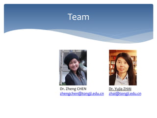 Dr. Yujia ZHAI
zhai@tongji.edu.cn
Dr. Zheng CHEN
zhengchen@tongji.edu.cn
Team
 
