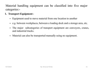 Material handling equipment can be classified into five major
categories:-
1. Transport Equipment:-
– Equipment used to move material from one location to another
– e.g. between workplaces, between a loading dock and a storage area, etc.
– The major subcategories of transport equipment are conveyors, cranes,
and industrial trucks.
– Material can also be transported manually using no equipment.
9/7/2019 By: Amanuel Diriba 15
 