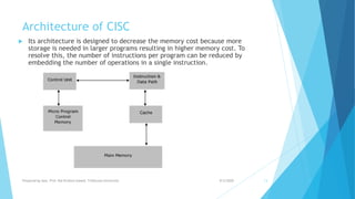 Architecture of CISC
 Its architecture is designed to decrease the memory cost because more
storage is needed in larger programs resulting in higher memory cost. To
resolve this, the number of instructions per program can be reduced by
embedding the number of operations in a single instruction.
9/5/2020Prepared by Asst. Prof. Bal Krishna Subedi, Tribhuvan University 13
 
