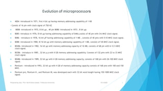 Evolution of microprocessors
 4004- introduced in 1971, first 4 bit up having memory addressing capability of 1 KB
- Consist of 16 pin with clock signal of 750 HZ
 8008- introduced in 1972, 8 bit µp , 40 pin 8080- introduced in 1973 , 8 bit µp.
 8085- introduce in 1976, 8 bit µp having addressing capability of 64kb,cosists of 40 pin with 3-6 MHZ clock signal.
 8086 – introduce in 1978, 16 bit µP having addressing capability of 1 MB , consists of 40 pins with 5-10 MHZ clock signal.
 8088- introduced in 1980, 8/16 bit µp with memory addressing capability of 1 MB, consists of 5-8 MHZ clock signal.
 80286- introduced in 1982, 16 bit µp with memory addressing capacity of 16 MB, consists of 68 pin with 6-12.5 MHZ
clock signal.
 80386 – introduce in 1985 , 32 bit µ p with 4 GB memory addressing capability. Consists of 132 pins with 22 to 33 MHZ
clock signal.
 80486- introduced in 1989, 32 bit µp with 4 GB memory addressing capacity, consists of 168 pin with 26-100 MHZ clock
signal.
 Pentium:- introduced in 1993, 32 bit up with 4 GB of memory addressing capacity consists of 168 pins with 100 and 150
MHZ.
 Pentium pro, Pentium II , and Pentium III, was developed each with 32 bit word length having 150-1000 MHZ clock
signal.
9/5/2020Prepared by Asst. Prof. Bal Krishna Subedi, Tribhuvan University 3
 