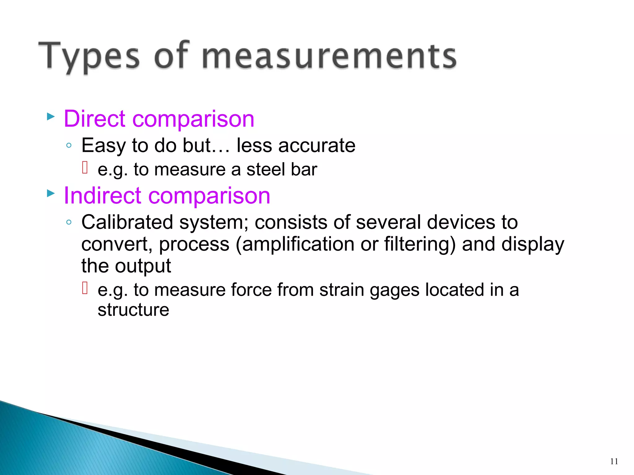  Direct comparison
◦ Easy to do but… less accurate
 e.g. to measure a steel bar
 Indirect comparison
◦ Calibrated system; consists of several devices to
convert, process (amplification or filtering) and display
the output
 e.g. to measure force from strain gages located in a
structure
11
 