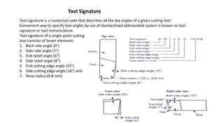 Tool Signature
Tool signature is a numerical code that describes all the key angles of a given cutting tool.
Convenient way to specify tool angles by use of standardized abbreviated system is known as tool
signature or tool nomenclature.
Tool signature of a single point cutting
tool consists of Seven elements:
1. Back rake angle (0°)
2. Side rake angle (7°)
3. End relief angle (6°)
4. Side relief angle (8°)
5. End cutting edge angle (15°)
6. Side cutting edge angle (16°) and
7. Nose radius (0.8 mm)
 
