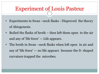 Experiment of Louis Pasteur
• Experiments in Swan –neck flasks - Disproved the theory
of Abiogenesis.
• Boiled the flasks of broth – then left them open to the air
and any of ‘life force’ — Life appears.
• The broth in Swan –neck flasks when left open in air and
any of ‘life force’ — no life appears because the S- shaped
curvature trapped the microbes.
 