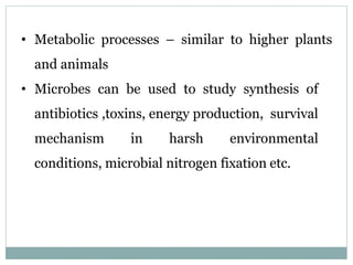 • Metabolic processes – similar to higher plants
and animals
• Microbes can be used to study synthesis of
antibiotics ,toxins, energy production, survival
mechanism in harsh environmental
conditions, microbial nitrogen fixation etc.
 