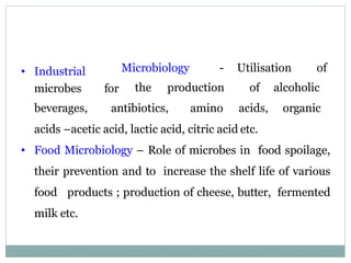 Microbiology - Utilisation of
• Industrial
microbes for the production of alcoholic
beverages, antibiotics, amino acids, organic
acids –acetic acid, lactic acid, citric acid etc.
• Food Microbiology – Role of microbes in food spoilage,
their prevention and to increase the shelf life of various
food products ; production of cheese, butter, fermented
milk etc.
 