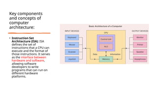 Key components
and concepts of
computer
architecture:
• Instruction Set
Architecture (ISA): ISA
defines the set of
instructions that a CPU can
execute and the format of
those instructions. It serves
as the interface between
hardware and software,
allowing software
developers to write
programs that can run on
different hardware
platforms.
 