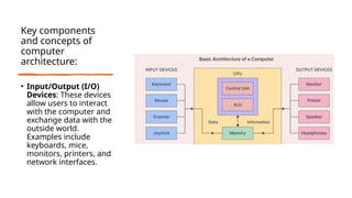 Key components
and concepts of
computer
architecture:
• Input/Output (I/O)
Devices: These devices
allow users to interact
with the computer and
exchange data with the
outside world.
Examples include
keyboards, mice,
monitors, printers, and
network interfaces.
 