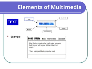 Elements of Multimedia
TEXT
TEXT
AUDIO
GRAPHIC
VIDEO
ANIMATION
 Example
 