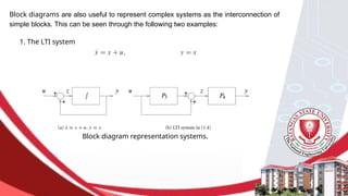 Block diagrams are also useful to represent complex systems as the interconnection of
simple blocks. This can be seen through the following two examples:
1. The LTI system
Block diagram representation systems.
 