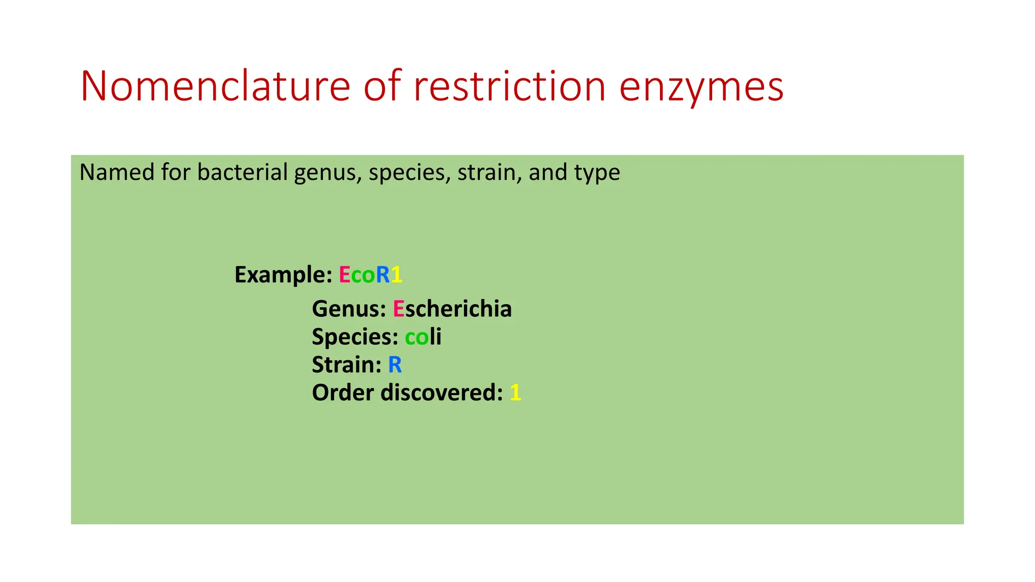 Nomenclature of restriction enzymes
Named for bacterial genus, species, strain, and type
Example: EcoR1
Genus: Escherichia
Species: coli
Strain: R
Order discovered: 1
 