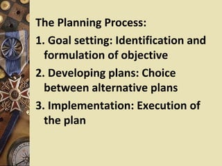 The Planning Process:
1. Goal setting: Identification and
  formulation of objective
2. Developing plans: Choice
  between alternative plans
3. Implementation: Execution of
  the plan
 