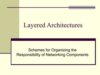 Layered Architectures
Schemes for Organizing the
Responsibility of Networking Components
 