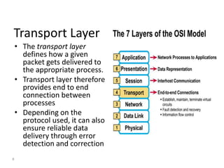 Transport Layer
• The transport layer
defines how a given
packet gets delivered to
the appropriate process.
• Transport layer therefore
provides end to end
connection between
processes
• Depending on the
protocol used, it can also
ensure reliable data
delivery through error
detection and correction
8
3
 
