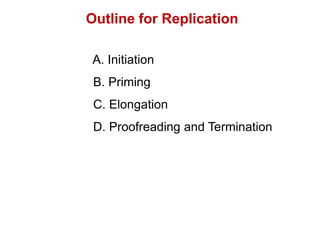 Outline for Replication
A. Initiation
B. Priming
C. Elongation
D. Proofreading and Termination
 