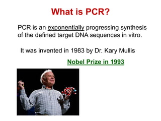 What is PCR?
PCR is an exponentially progressing synthesis
of the defined target DNA sequences in vitro.
It was invented in 1983 by Dr. Kary Mullis
Nobel Prize in 1993
 
