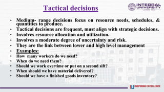 Tactical decisions
• Medium- range decisions focus on resource needs, schedules, &
quantities to produce.
• Tactical decisions are frequent, must align with strategic decisions.
• Involves resource allocation and utilization.
• Involves a moderate degree of uncertainty and risk.
• They are the link between lower and high level management
• Examples:
• How many workers do we need?
• When do we need them?
• Should we work overtime or put on a second sift?
• When should we have material delivered?
• Should we have a finished goods inventory?
 