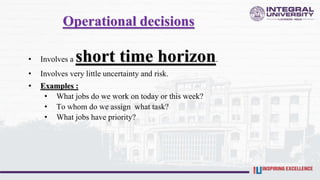 Operational decisions
• Involves a short time horizon.
• Involves very little uncertainty and risk.
• Examples :
• What jobs do we work on today or this week?
• To whom do we assign what task?
• What jobs have priority?
 