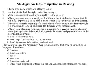 Strategies for table completion in Reading
1. Check how many words you allowed to use.
2. Use the title to find the right part of the passage.
3. Write answers exactly as they are spelled in the passage.
4. When you come across a word you don’t know in a text, look at the context. It
will often express the same idea in other words or give clues as to the meaning.
5. When you learn the meaning of a word which often occurs in academic texts, it
is a good idea to look up and learn the different word forms as well.
6. When you are looking for a specific information (e.g. places, names, phrases),
move your eyes down the text, looking only for words and phrases related to the
information you want.
 Don’t read word for word.
 Don’t stop if there are word you do not know.
 Don’t ignore any information you do not need.
This technique is called ‘scanning’. You can also use the text style or formatting to
help you. Sometimes,
 Numbers
 Uppercase letters
 Italics
 Bold print
 Quotation marks and
 Other visual information within a text can help you locate the information you want.
 