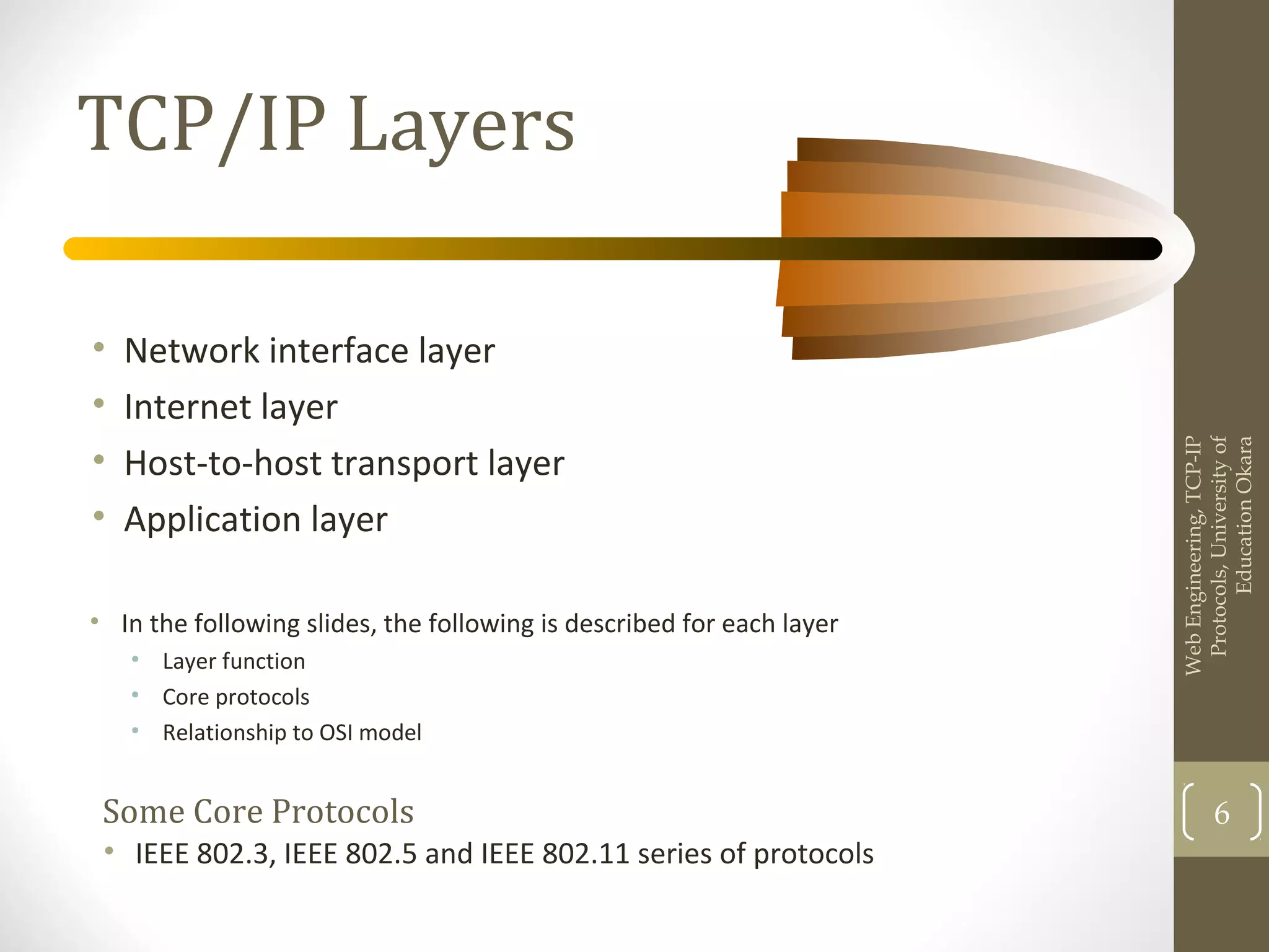 TCP/IP Layers
• Network interface layer
• Internet layer
• Host-to-host transport layer
• Application layer
WebEngineering,TCP-IP
Protocols,Universityof
EducationOkara
6
• In the following slides, the following is described for each layer
• Layer function
• Core protocols
• Relationship to OSI model
Some Core Protocols
• IEEE 802.3, IEEE 802.5 and IEEE 802.11 series of protocols
 