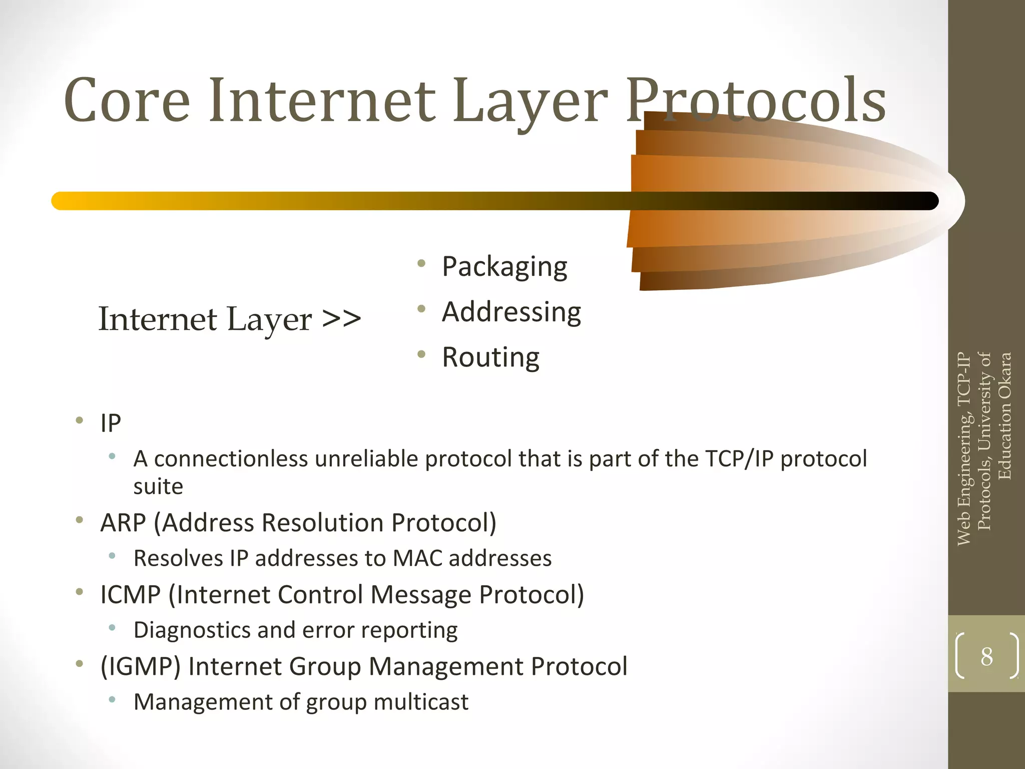 Core Internet Layer Protocols
• IP
• A connectionless unreliable protocol that is part of the TCP/IP protocol
suite
• ARP (Address Resolution Protocol)
• Resolves IP addresses to MAC addresses
• ICMP (Internet Control Message Protocol)
• Diagnostics and error reporting
• (IGMP) Internet Group Management Protocol
• Management of group multicast
WebEngineering,TCP-IP
Protocols,Universityof
EducationOkara
8
• Packaging
• Addressing
• Routing
Internet Layer >>
 