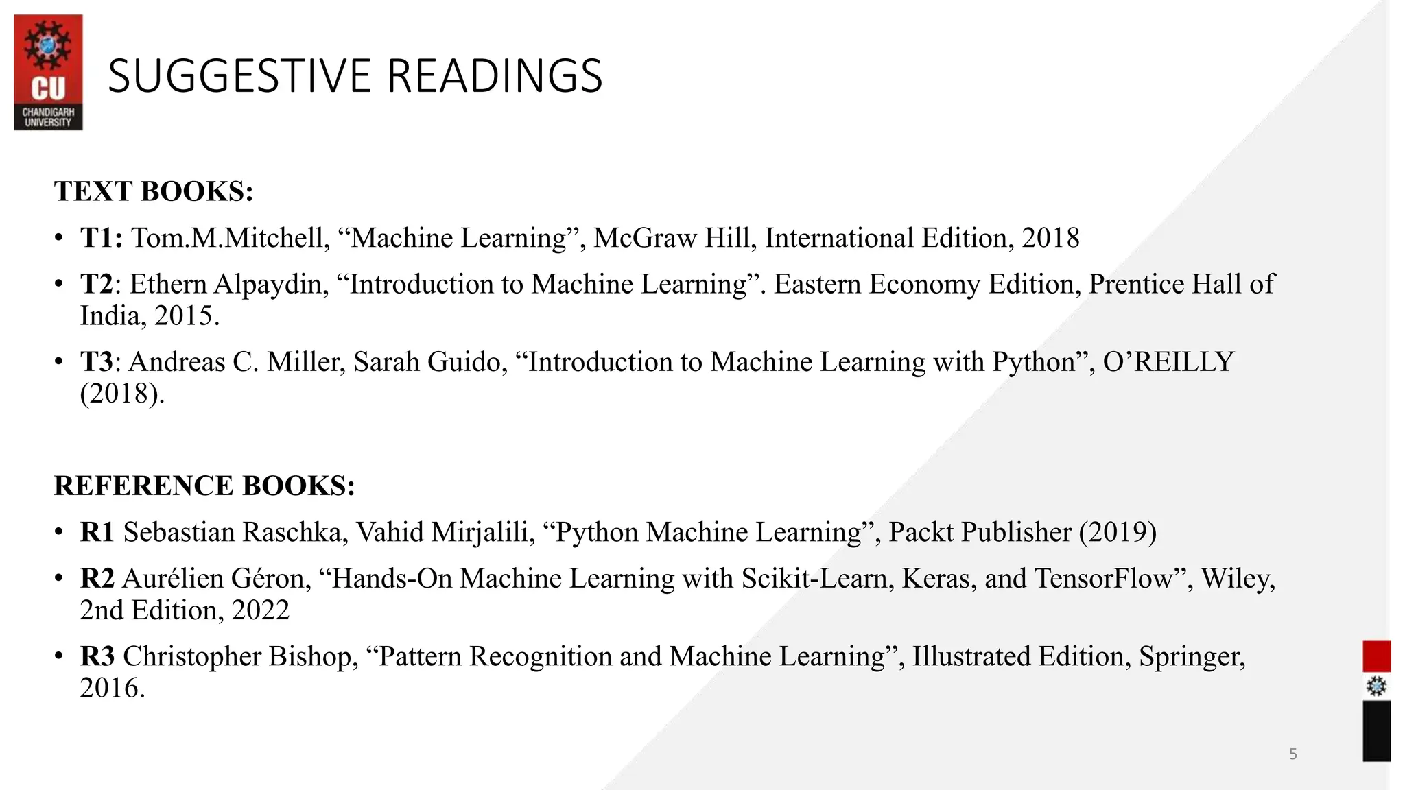SUGGESTIVE READINGS
TEXT BOOKS:
• T1: Tom.M.Mitchell, “Machine Learning”, McGraw Hill, International Edition, 2018
• T2: Ethern Alpaydin, “Introduction to Machine Learning”. Eastern Economy Edition, Prentice Hall of
India, 2015.
• T3: Andreas C. Miller, Sarah Guido, “Introduction to Machine Learning with Python”, O’REILLY
(2018).
REFERENCE BOOKS:
• R1 Sebastian Raschka, Vahid Mirjalili, “Python Machine Learning”, Packt Publisher (2019)
• R2 Aurélien Géron, “Hands-On Machine Learning with Scikit-Learn, Keras, and TensorFlow”, Wiley,
2nd Edition, 2022
• R3 Christopher Bishop, “Pattern Recognition and Machine Learning”, Illustrated Edition, Springer,
2016.
5
 