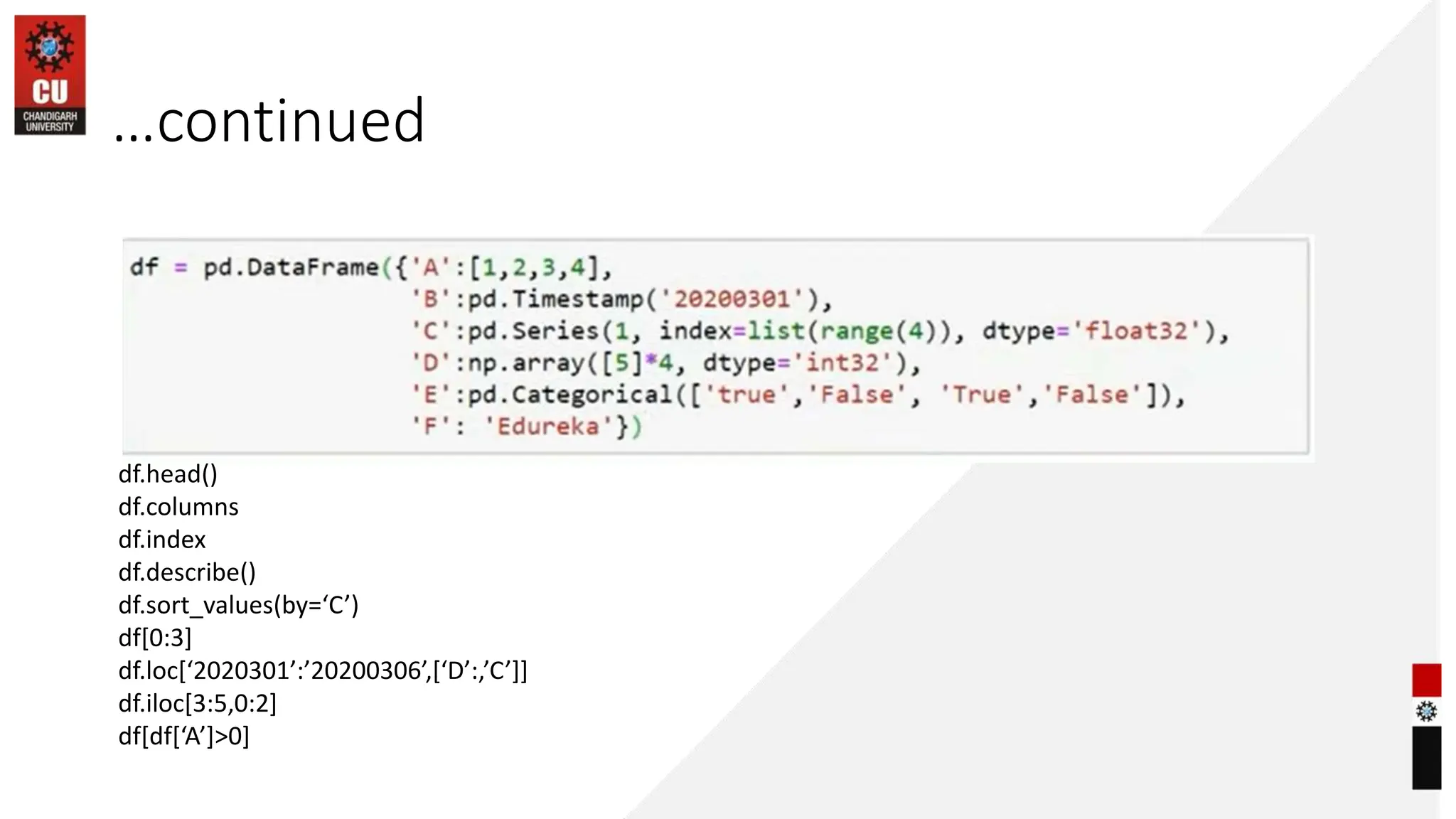 …continued
df.head()
df.columns
df.index
df.describe()
df.sort_values(by=‘C’)
df[0:3]
df.loc[‘2020301’:’20200306’,[‘D’:,’C’]]
df.iloc[3:5,0:2]
df[df[‘A’]>0]
 